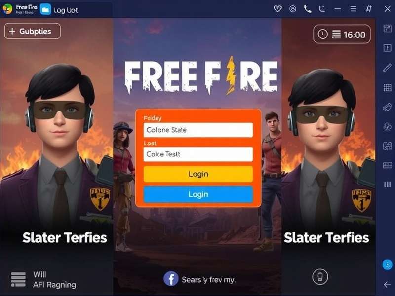Free Fire Login dashboard showing Indian server options with Facebook, Google and guest login buttons